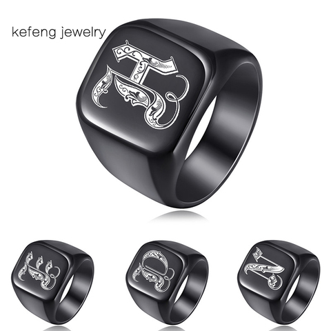 Bague Signet épaisse de 18mm pour hommes, bijoux personnalisés en acier inoxydable noir gravé, initiale royale A-Z ► Photo 1/6