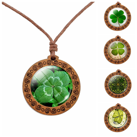 Shamrock – collier en bois de trèfle porte-bonheur, pendentif en bois à quatre feuilles, Cabochon en verre fait à la main, bijoux cadeau pour femmes ► Photo 1/6