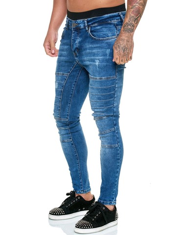 2022 mode hommes jean décontracté Patchwork Denim coupe ajustée pantalon solide noir et bleu maigre crayon pantalon grande taille extensible ► Photo 1/6