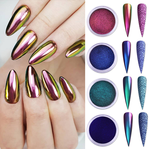 1 boîte caméléon miroir ongles scintillant poudre effet métallique couleurs Pigment Nail Art poussière décorations noir Base nécessaire ► Photo 1/6