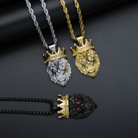 Hip Hop noir or argent couleur acier inoxydable couronne Lion pendentif collier pour hommes rappeur bijoux livraison directe ► Photo 1/6