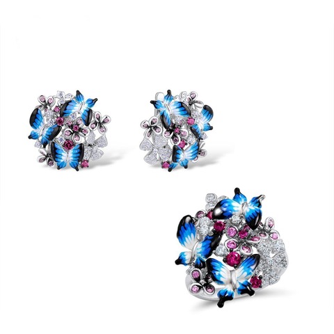 Belle 925 argent papillon fleur ensemble de bijoux pour les femmes bohême symétrique romantique élégant émail boucles d'oreilles ensemble d'anneaux ► Photo 1/5