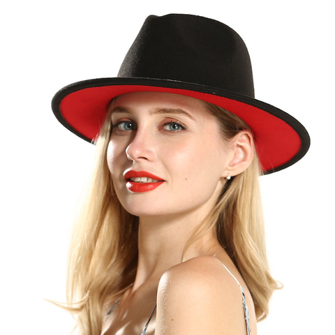 Chapeaux fedora pour hommes et femmes, chapeau de Jazz en laine à large bord plat, à la mode, en noir et rouge, chapeau de mariage vintage, 2022 ► Photo 1/6