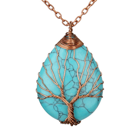 Collier pendentif arbre de vie en pierre naturelle, fil de cuivre enveloppé, collier goutte d'eau, gemme Quartz rose oeil de tigre vert Aventurine ► Photo 1/6