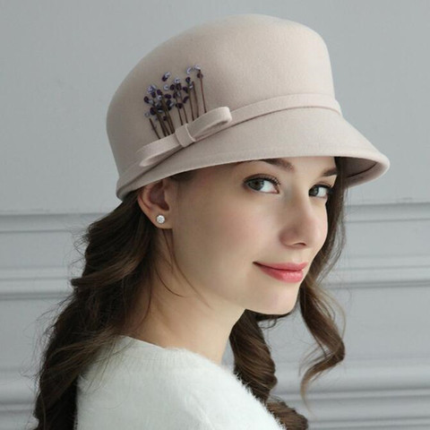 Chapeau Fedoras pour femmes, bonnet en feutre de laine chaude, haute qualité coréenne élégante brodée, Vintage, H7684 ► Photo 1/6