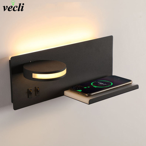 Moderne hôtel applique murale appliques luminaire chambre lit tête de lit lampe de lecture nuit led sans fil USB chargeur rétro-éclairé lumières ► Photo 1/6