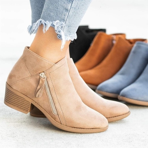 2022 bottines pour femmes décontracté peu profond Slip-on bout pointu talons bas chaussures femme grande taille en cuir Pu Zapatos De Mujer ► Photo 1/6