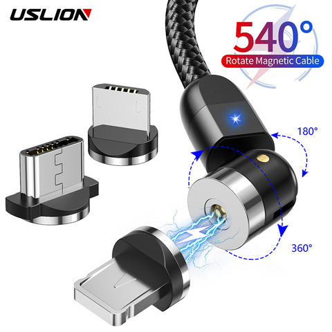USLION 2022 nouveau 540 degrés rotation câble magnétique Micro USB Type C câble câble de charge magnétique pour iPhone 11 Pro Max ligne de données ► Photo 1/6