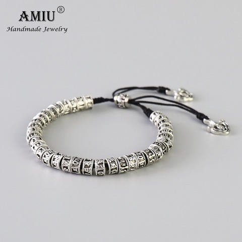 AMIU tibétain bouddhisme alliage perles Bracelet Six mots Mantra fait à la main noir noeud antique métal amulette perles Bracelet pour hommes ► Photo 1/4