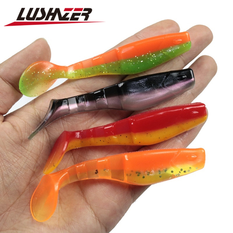 LUSHAZER 4 pcs/lot pêche leurre souple 6.3g/8.5cm appâts souples Wobblers leurres de pêche Silicone Double couleur carpe appâts souples artificiels ► Photo 1/6