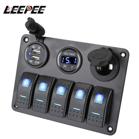 LEEPEE – panneau de commutation à bascule LED, avec fusible étanche, double fente USB, combinaison de sortie 12/24V, 5 gangs, tension numérique ► Photo 1/6