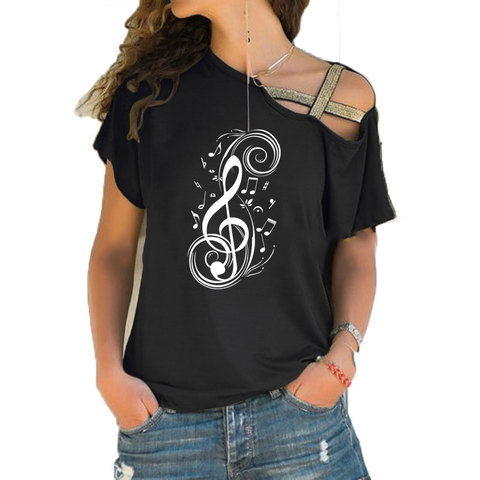 Femmes Note de musique graphique t-shirt musique femmes mode nouveau t-shirt irrégulière biais croix pansement coton t-shirt hauts ► Photo 1/6