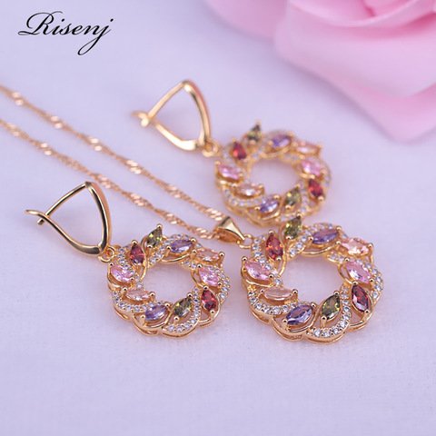 Ensemble de bijoux de mariage pour femmes, couleur or, fleur et cercle porte-bonheur, multicolore, pendentif, boucle d'oreille, collier en Zircon cubique, nouvelle collection ► Photo 1/6