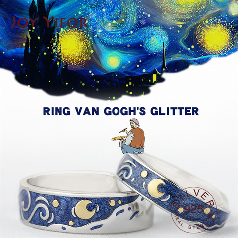 Lune étoile nuit étoilée Van Gogh anneaux réglables pour Couple amoureux prix réel S 2022 livraison directe femmes hommes bijoux ► Photo 1/6