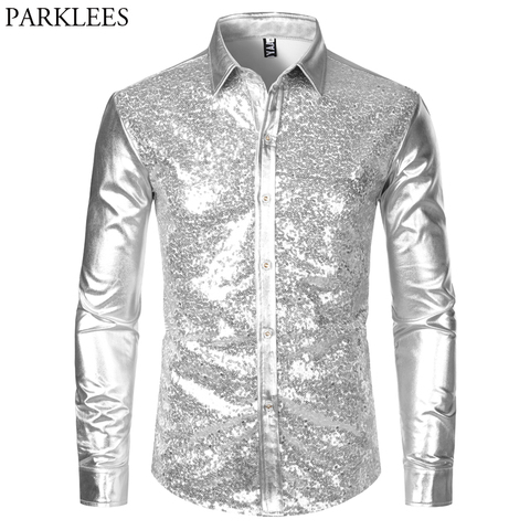 Chemise Disco pour Homme, à paillettes métalliques en argent, Costume d'halloween, Chemise de Performance sur scène pour Homme, nouvelle collection 2022 ► Photo 1/6