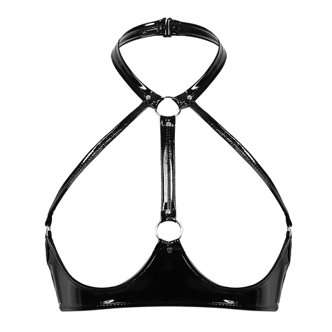 Nouveauté Sexy femmes seins exposés mamelons soutien-gorge Lingerie Latex cuir sans manches licou boucle sans fil coupe ouverte soutien-gorge haut ► Photo 1/6