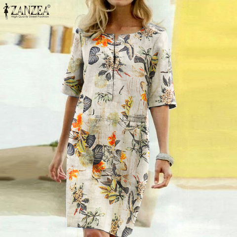 2022 été fleuri imprimé bohème Sundress ZANZEA Vintage coton lin fête robe courte femmes décontracté à manches courtes Vestidos 7 ► Photo 1/6