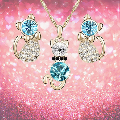 Nouvelle mode consacrer strass mignon dessin animé chat pendentif collier boucles d'oreilles ensembles de bijoux or argent couleur géométrique accessoires ► Photo 1/1