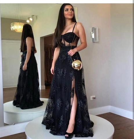 Robe de soirée noire a-ligne chérie longueur de plancher côté fente Spaghetti sangle dentelle Appliques dos nu élégant fête robe de bal ► Photo 1/6