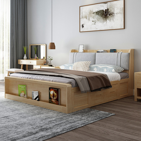 Grand lit double en bois massif européen de 1.8 m, lit de mariage avec rangement, chambre principale ► Photo 1/6