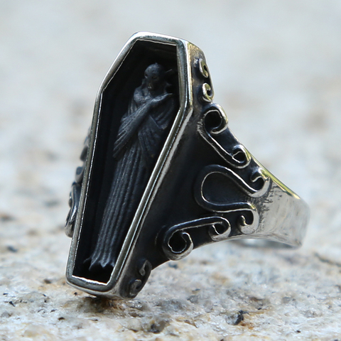 Bague de motard en forme de crâne de Vampire pour hommes et garçons, anneau en forme de cercueil noir, en acier inoxydable, Punk, Cool, gothique, vente en gros ► Photo 1/6