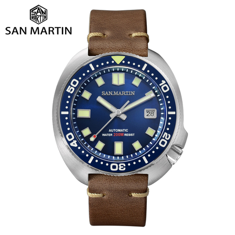 San Martin-montre tortue plongée pour hommes, automatique, en acier inoxydable, saphir mécanique, 20 bars, Version améliorée, en cuir lumineuse ► Photo 1/6