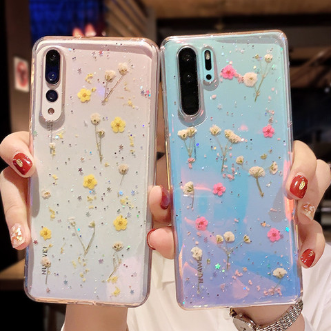 Coque de téléphone de luxe véritable fleur séchée pour Huawei P40 Pro P30 P20 Lite Honor 30 20 Mate 20 30 Pro Nova 4 5 6 7SE couverture florale transparente ► Photo 1/6