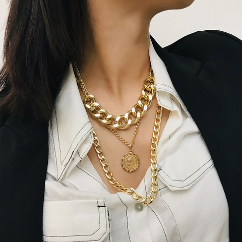 Collier Vintage avec pendentif et Portrait de la tête humaine pour femmes, style bohème, métal doré, multicouche, vente en gros, 2022 ► Photo 1/6