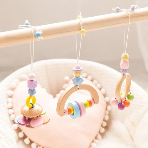 Pendentif en bois de hêtre coloré pour bébé, 3 pièces, anneau de dentition sans BPA pour berceau, hochet, jouets cadeaux ► Photo 1/6