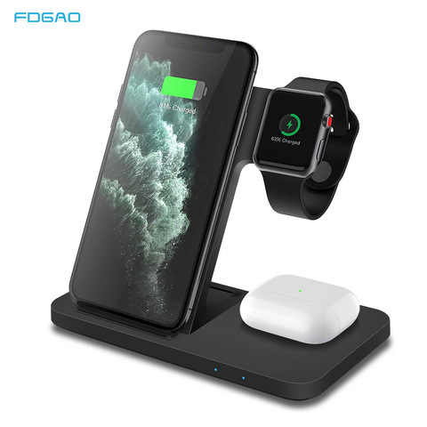 FDGAO 15W 3 en 1 Qi chargeur sans fil pour Apple Watch SE 6 5 4 iPhone 12 11 Pro Xs Max XR X Samsung S20 S10 support de charge rapide ► Photo 1/6