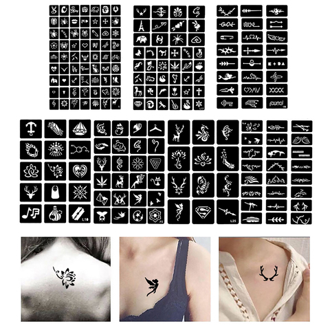 Autocollant de tatouage temporaire réutilisable, 204 pièces, faux tatouage au henné, pochoir pour le visage et le corps, accessoires, peinture pailletée ► Photo 1/5