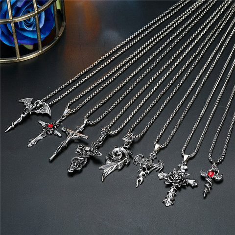 1PC Punk Vintage métal Rose croix squelette collier personnalité gothique rouge Zircon épée pendentif collier femmes hommes bijoux N70 ► Photo 1/6
