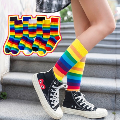 Chaussettes élastiques, longues, nouveauté coton pour femmes, 1 paire, chaussettes colorées à rayures arc-en-ciel, chaussettes sportives, style rétro, Harajuku, chaussettes décontractées ► Photo 1/6