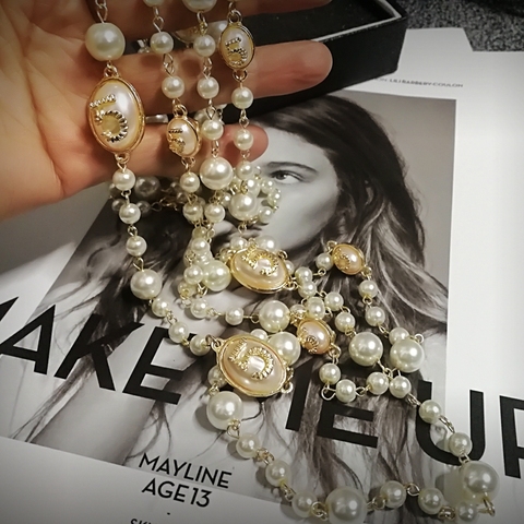 Coréen double layerd chandail longue chaîne collier de perles pendentif bijoux pour les femmes fête ► Photo 1/6