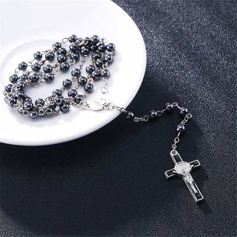 Colliers à longue chaîne à chapelets d'hématite, perles, 6mm, colliers à chaîne pour hommes et femmes, chapelet catholique, pendentif croix de jésus ► Photo 1/6