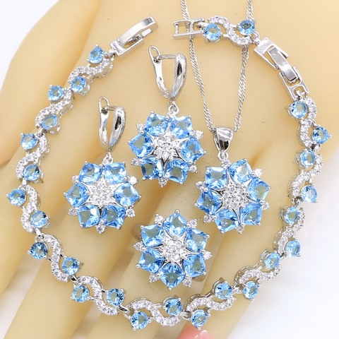 Bleu ciel topaze 925 argent mariage bijoux ensembles pour femmes Bracelet boucles d'oreilles collier pendentif anneau mariée anniversaire cadeau ► Photo 1/6