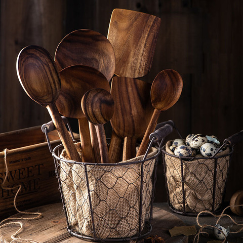 Spatule antiadhésive en bois de teck thaïlandais, cuillère à café pour la cuisine, ustensiles de cuisine en bois, fournitures, ensemble d'outils de cuisine ► Photo 1/6