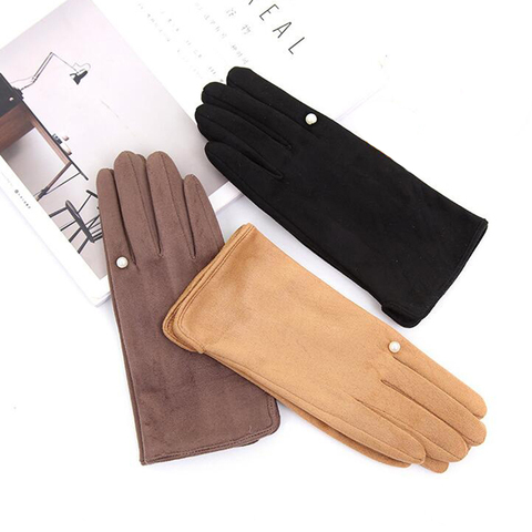 Gants de cyclisme chaud et en velours pour femmes, écran tactile, élégant, en daim avec perle, coupe-vent, complet, pour la conduite, hiver K43 ► Photo 1/6