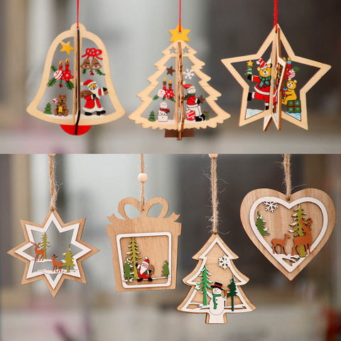 Décorations de noël pour la maison, 1 pièce, nouvel an 2D 3D, pendentifs suspendus en bois, étoile, arbre de noël, cloche, pour la maison, 2022 ► Photo 1/6