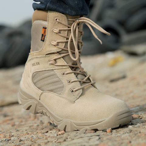 Botte de travail en cuir véritable étanche pour homme, chaussures de travail tactique à la mode, bottines militaires à la mode, à lacets ► Photo 1/6