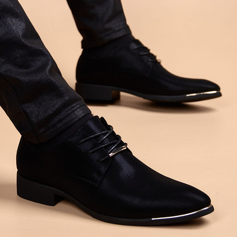 Chaussures en cuir à bout pointu pour hommes, souliers de mariage, de bureau, plats, en tissu noir ► Photo 1/6