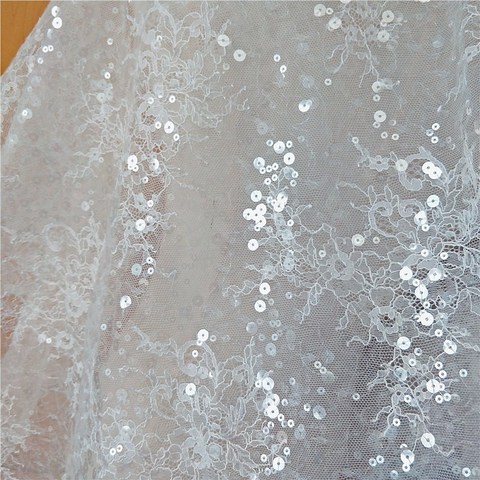 Tissu en dentelle et paillettes françaises 1Yard, bordure brodée de fleurs, pour robe de mariée, accessoires de couture, à faire soi-même, RS2507 ► Photo 1/6