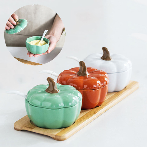 Citrouille céramique cuisine épices bouteilles pots avec cuillère sel sucre pot conteneur de stockage cuisine organisateur outils fournitures ► Photo 1/6