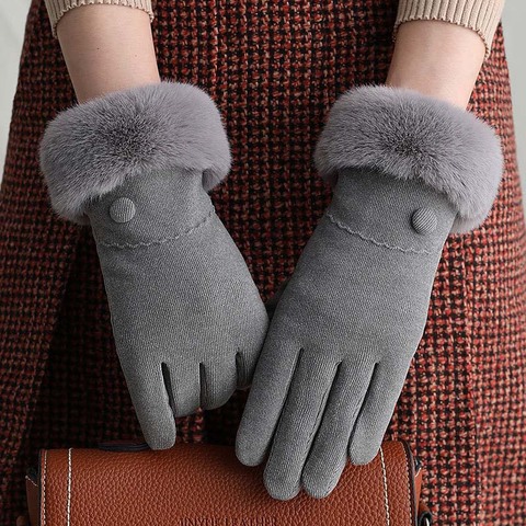 Gants de poignet en velours Double épais pour femmes, gants de conduite, écran tactile, mitaines d'hiver en cachemire, bouton chaud, de Sport et de cyclisme ► Photo 1/6