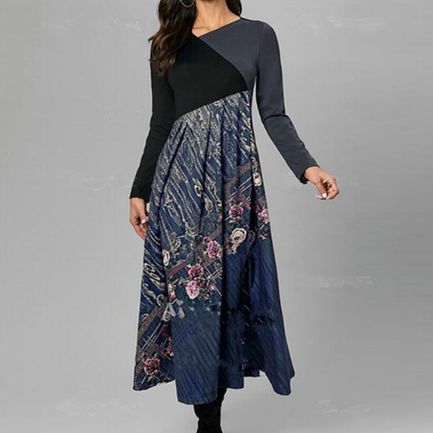 Robe en Patchwork à manches longues pour femmes, grande taille, décontractée, col rond, Maxi, élégante, style Boho ► Photo 1/6