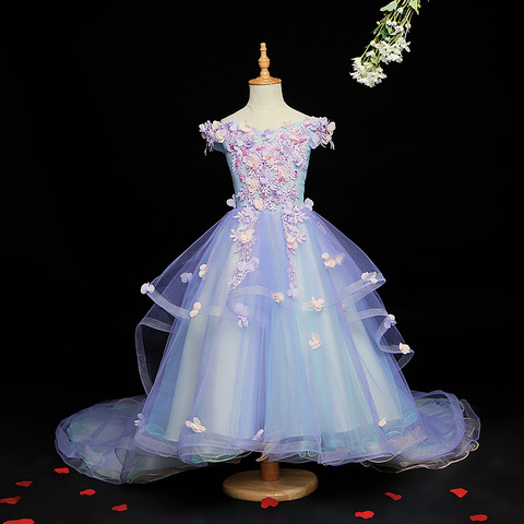 Robe de soirée en dentelle bleu clair | À fleurs, avec des Appliques, robe princesse à perles, pour mariage, première Communion ► Photo 1/6