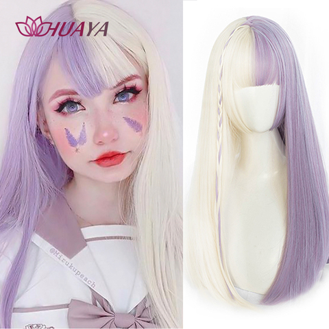 HUAYA perruque longue droite avec frange violet-blanc résistant à la chaleur perruques de cheveux synthétiques pour fille afro-américaine Lolita Cosplay perruque ► Photo 1/6