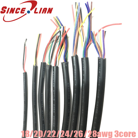 Fil électrique RVV à 3 conducteurs, 18AWG, 20AWG, 22AWG, 24AWG, 26AWG, 28 AWG, en cuivre étamé, câble à gaine souple noir, 3 broches ► Photo 1/6