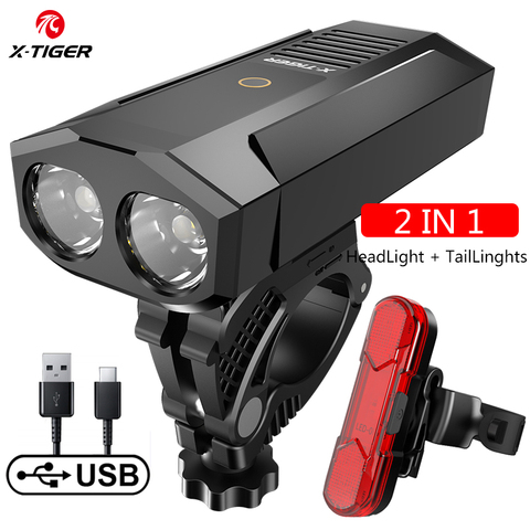 Lampe étanche de bicyclette, lumière frontale, accessoires de bicyclette, pour vtt, route, X-TIGER LED Rechargeable par USB Lumens, 1800 ► Photo 1/6