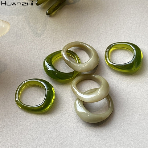 HUANZHI 2022 nouveau coréen Ins Vintage résine vert géométrique anneaux ronds pour femmes filles Simple bijoux cadeaux ► Photo 1/6